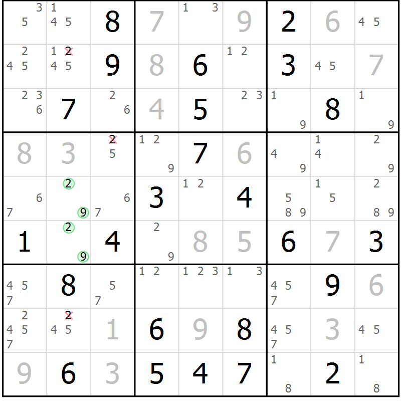 Position des candidats pour la solution de la Gr 81 page 84 du magazine de sudoku Virtuose n° 113