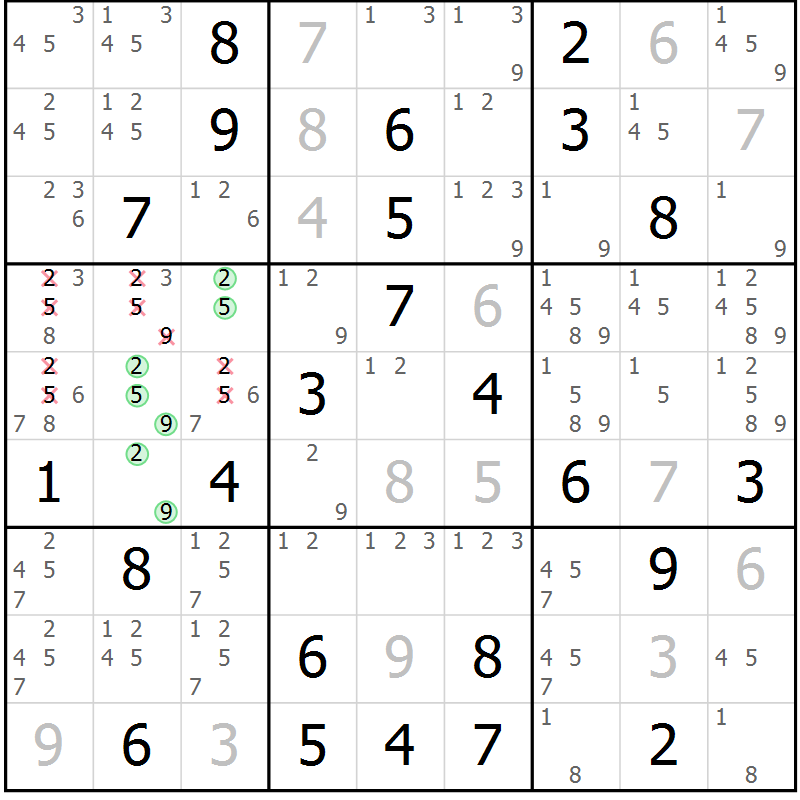 Position des candidats pour la solution de la Gr 81 page 84 du magazine de sudoku Virtuose n° 113