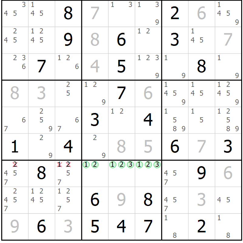 Position des candidats pour la solution de la Gr 81 page 84 du magazine de sudoku Virtuose n° 113