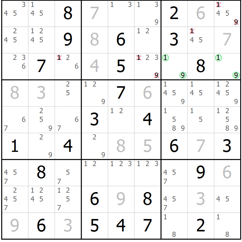 Position des candidats pour la solution de la Gr 81 page 84 du magazine de sudoku Virtuose n° 113