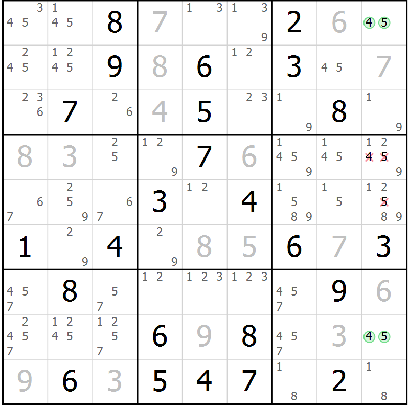 Position des candidats pour la solution de la Gr 81 page 84 du magazine de sudoku Virtuose n° 113