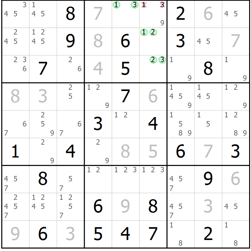 Position des candidats pour la solution de la Gr 81 page 84 du magazine de sudoku Virtuose n° 113