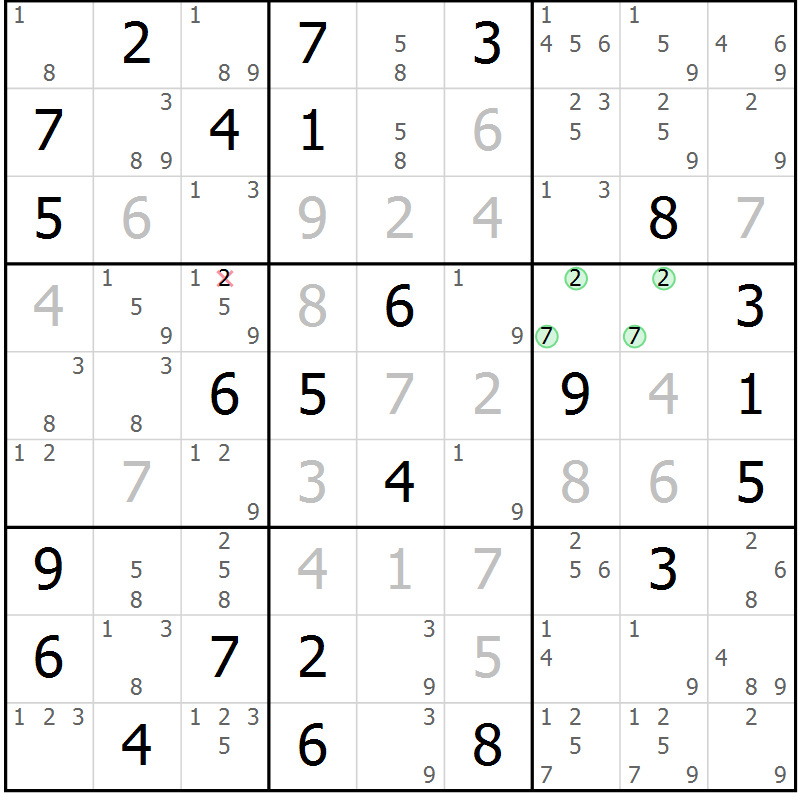 Position des candidats pour la solution de la Gr 82 page 85 du magazine de sudoku Virtuose n° 113