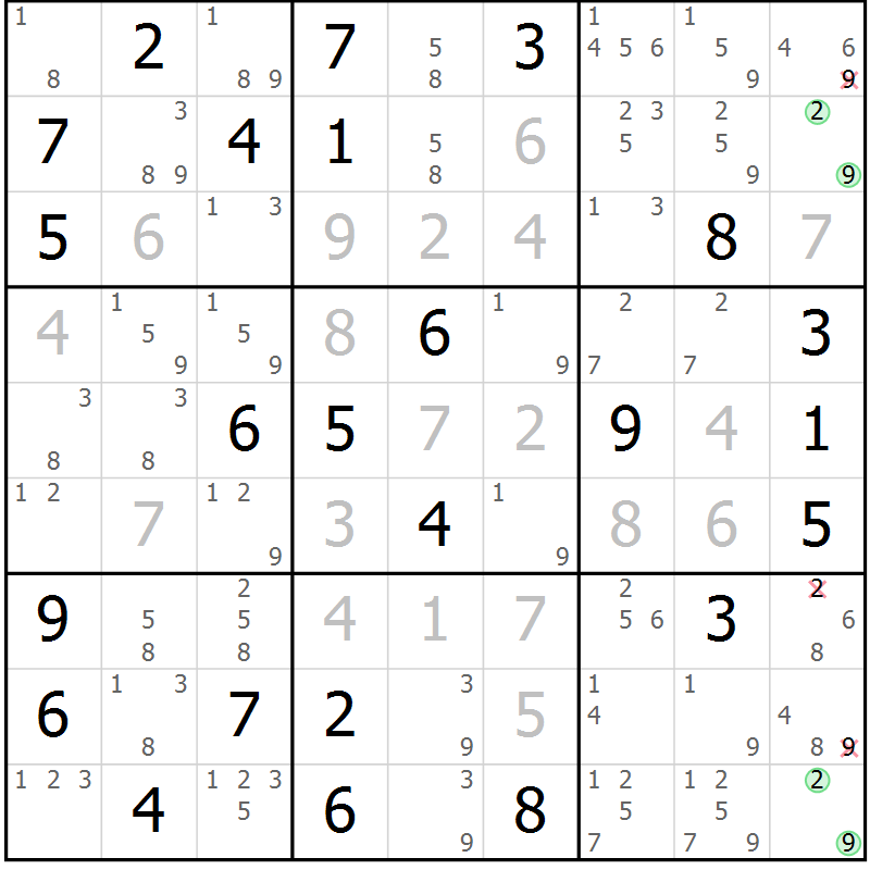 Position des candidats pour la solution de la Gr 82 page 85 du magazine de sudoku Virtuose n° 113