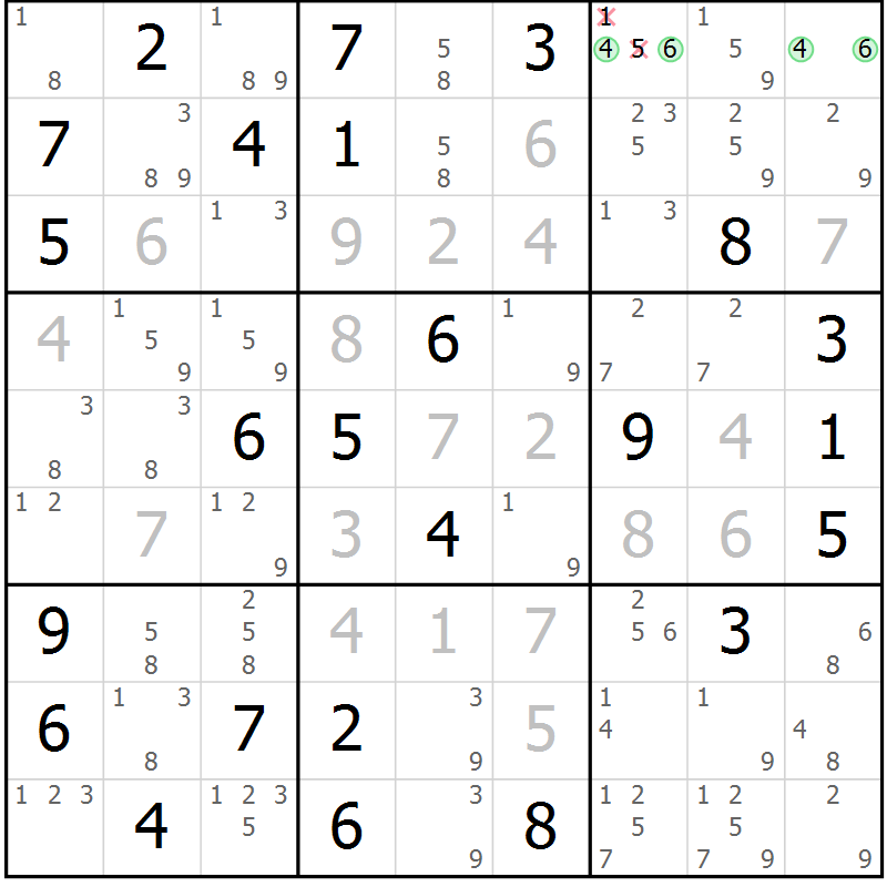 Position des candidats pour la solution de la Gr 82 page 85 du magazine de sudoku Virtuose n° 113