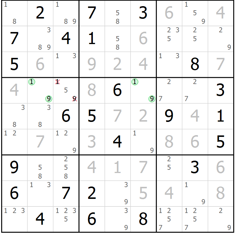 Position des candidats pour la solution de la Gr 82 page 85 du magazine de sudoku Virtuose n° 113