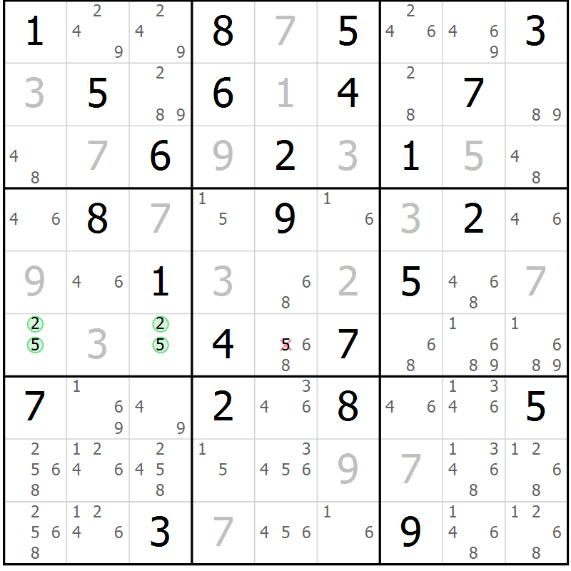 Position des candidats pour la solution de la Gr 84 page 87 du magazine de sudoku Virtuose n° 113