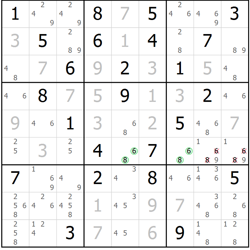 Position des candidats pour la solution de la Gr 84 page 87 du magazine de sudoku Virtuose n° 113