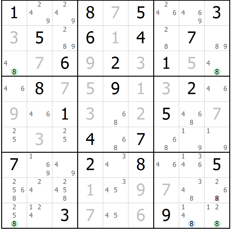 Position des candidats pour la solution de la Gr 84 page 87 du magazine de sudoku Virtuose n° 113