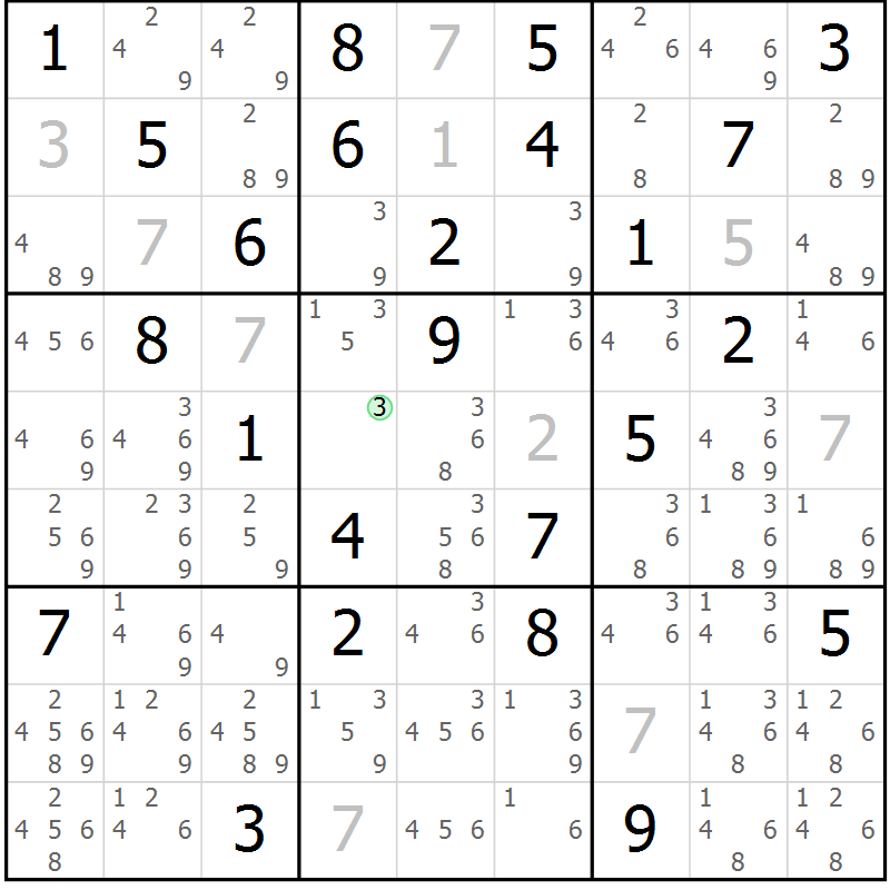 Position des candidats pour la solution de la Gr 84 page 87 du magazine de sudoku Virtuose n° 113