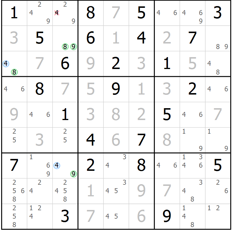 Position des candidats pour la solution de la Gr 84 page 87 du magazine de sudoku Virtuose n° 113