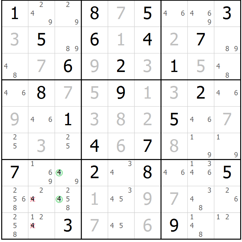 Position des candidats pour la solution de la Gr 84 page 87 du magazine de sudoku Virtuose n° 113