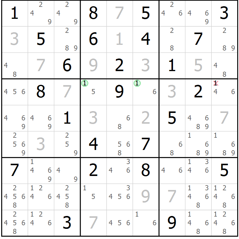 Position des candidats pour la solution de la Gr 84 page 87 du magazine de sudoku Virtuose n° 113