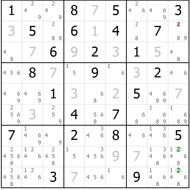 Position des candidats pour la solution de la Gr 84 page 87 du magazine de sudoku Virtuose n° 113
