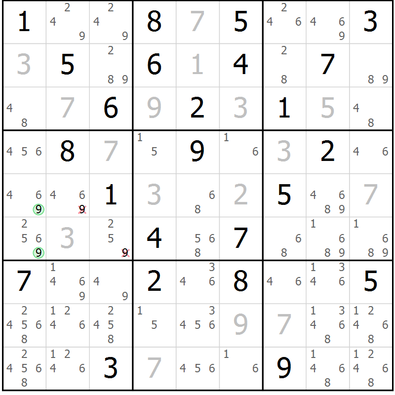 Position des candidats pour la solution de la Gr 84 page 87 du magazine de sudoku Virtuose n° 113