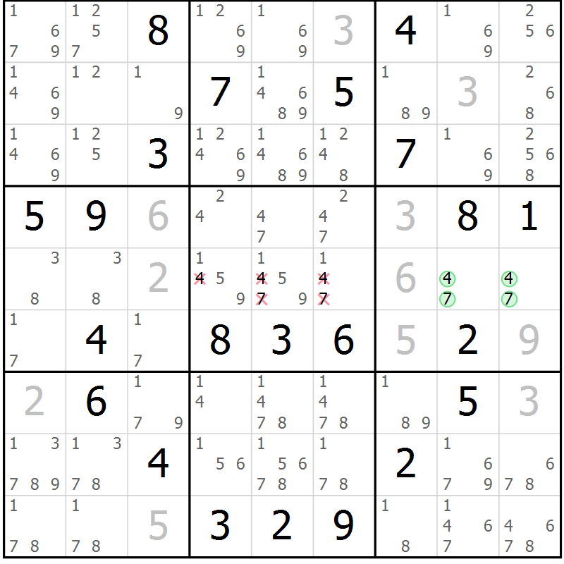 Position des candidats pour la solution de la Gr 9 page 12 du magazine de sudoku Virtuose n° 113
