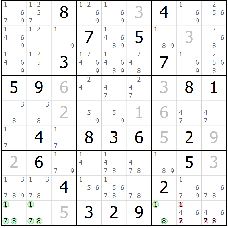 Position des candidats pour la solution de la Gr 9 page 12 du magazine de sudoku Virtuose n° 113