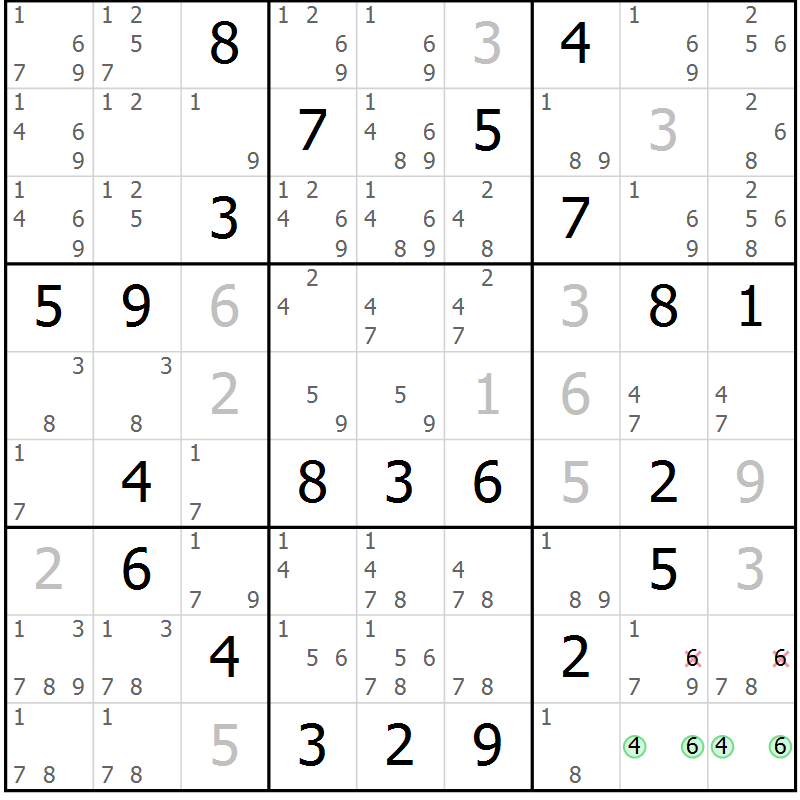 Position des candidats pour la solution de la Gr 9 page 12 du magazine de sudoku Virtuose n° 113