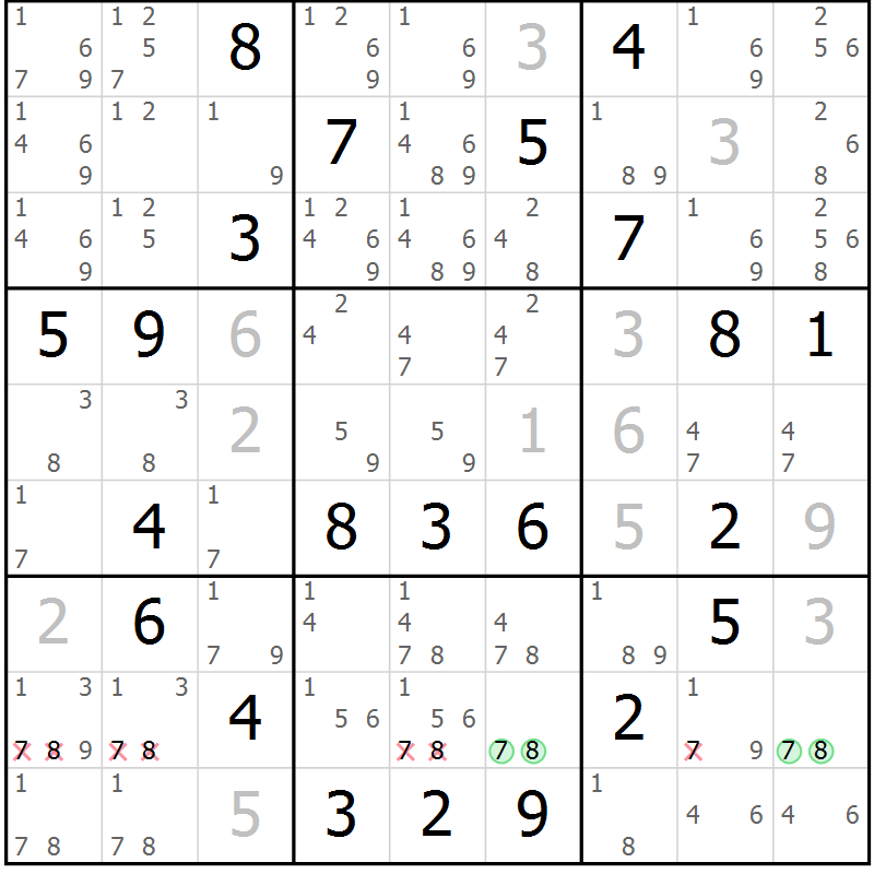 Position des candidats pour la solution de la Gr 9 page 12 du magazine de sudoku Virtuose n° 113