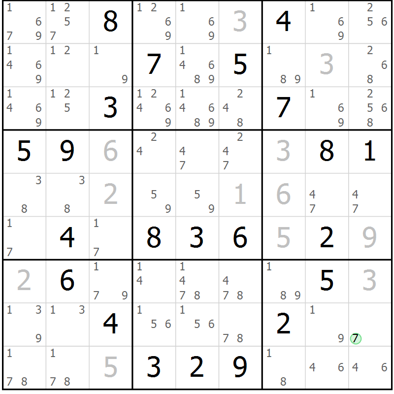 Position des candidats pour la solution de la Gr 9 page 12 du magazine de sudoku Virtuose n° 113
