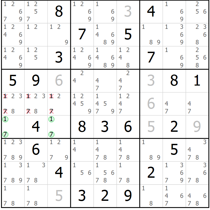 Position des candidats pour la solution de la Gr 9 page 12 du magazine de sudoku Virtuose n° 113