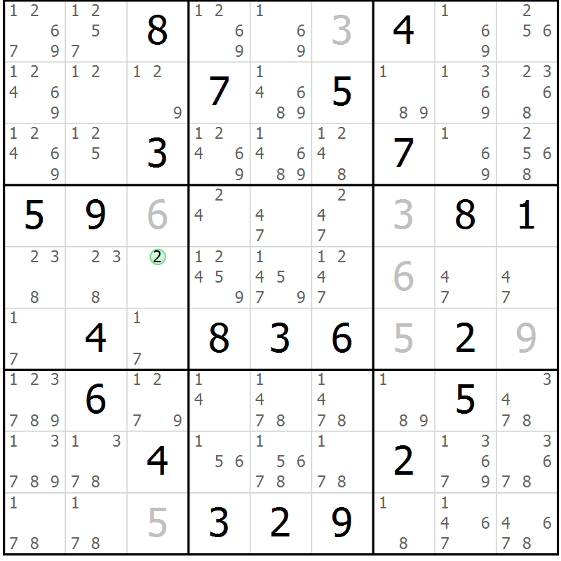 Position des candidats pour la solution de la Gr 9 page 12 du magazine de sudoku Virtuose n° 113