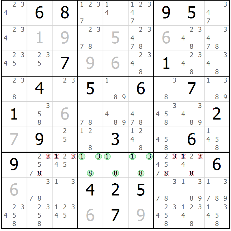 Position des candidats pour la solution de la Gr 10 page 13 du magazine de sudoku Virtuose n° 114