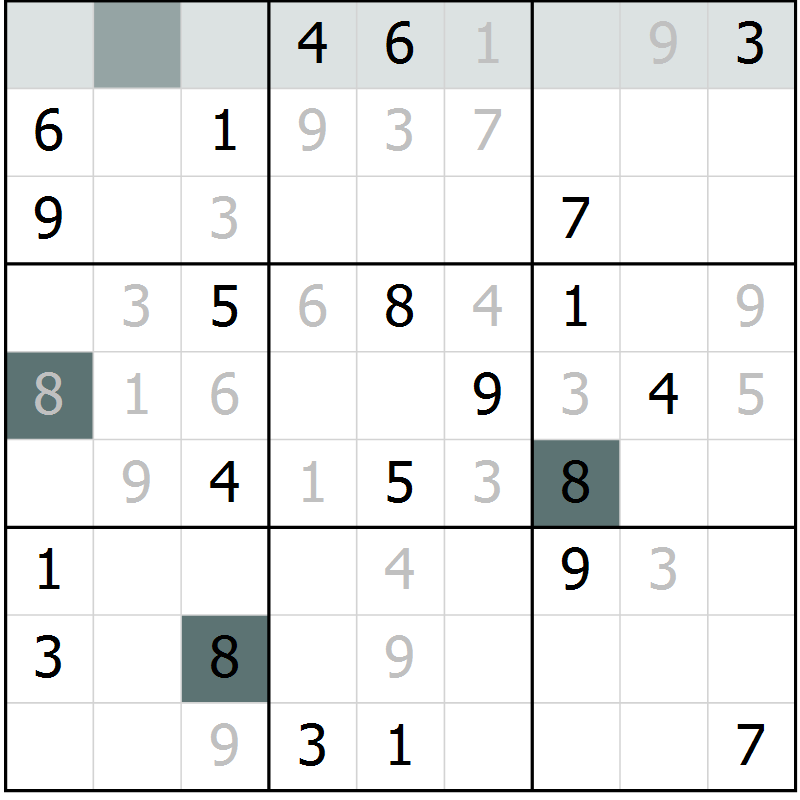 Position des candidats pour la solution de la Gr 11 page 14 du magazine de sudoku Virtuose n° 114