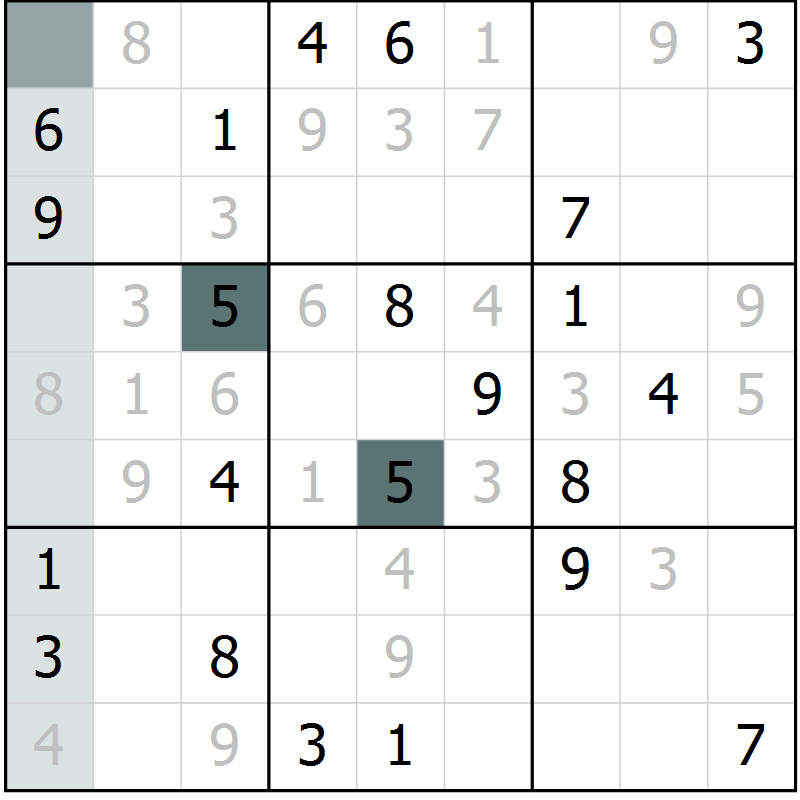 Position des candidats pour la solution de la Gr 11 page 14 du magazine de sudoku Virtuose n° 114