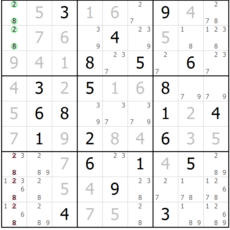 Position des candidats pour la solution de la Gr 14 page 17 du magazine de sudoku Virtuose n° 114