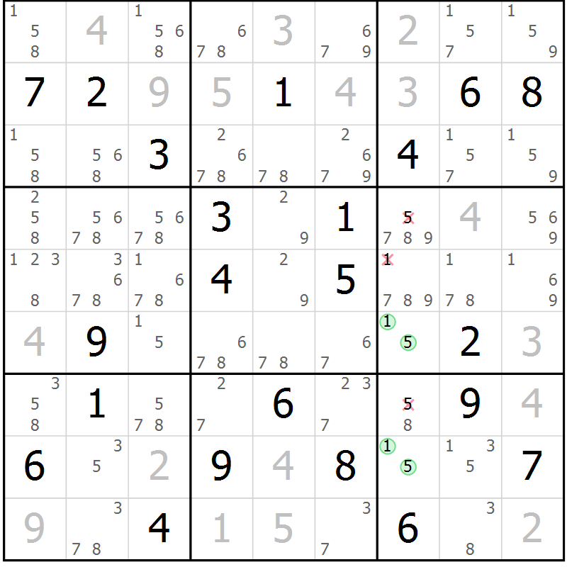 Position des candidats pour la solution de la Gr 15 page 18 du magazine de sudoku Virtuose n° 114