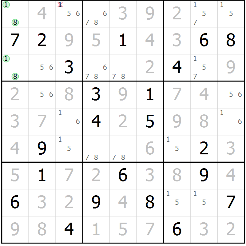 Position des candidats pour la solution de la Gr 15 page 18 du magazine de sudoku Virtuose n° 114
