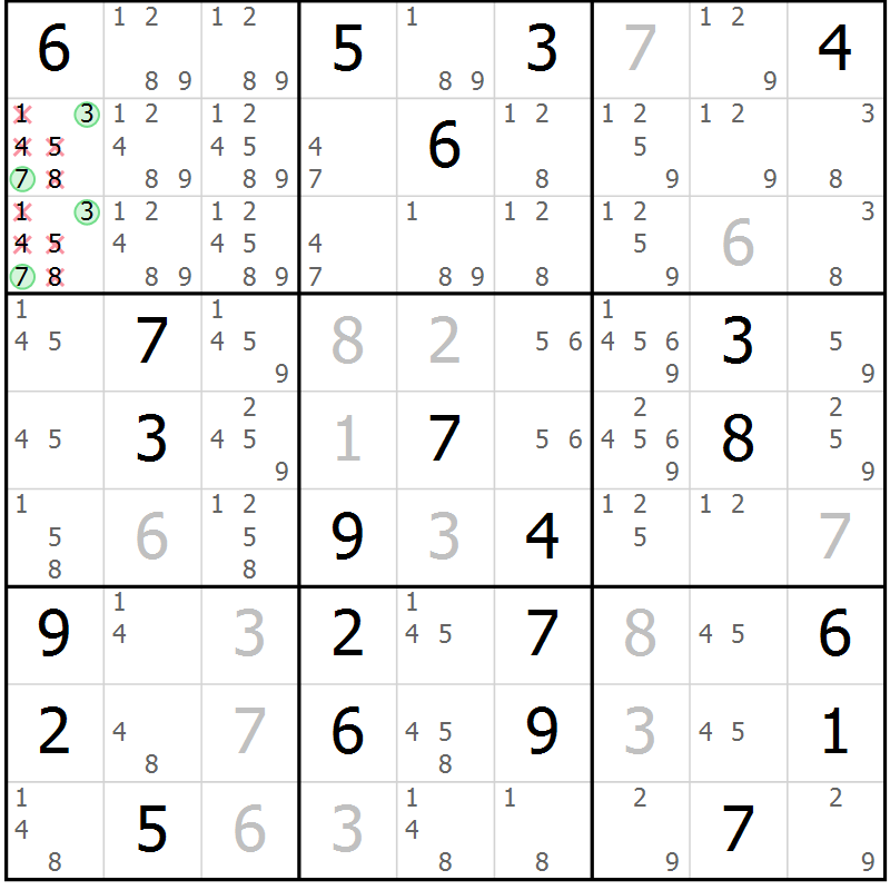Position des candidats pour la solution de la Gr 16 page 19 du magazine de sudoku Virtuose n° 114