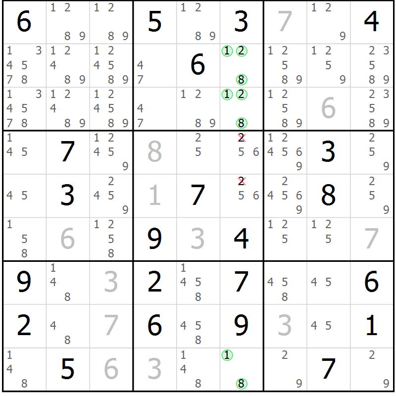 Position des candidats pour la solution de la Gr 16 page 19 du magazine de sudoku Virtuose n° 114