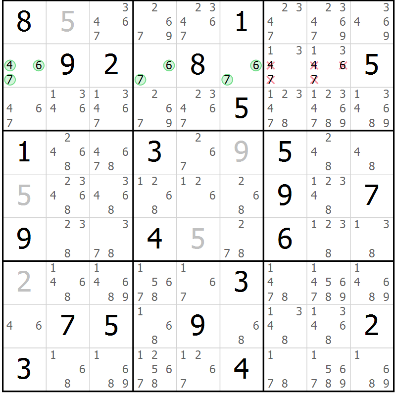 Position des candidats pour la solution de la Gr 17 page 20 du magazine de sudoku Virtuose n° 114