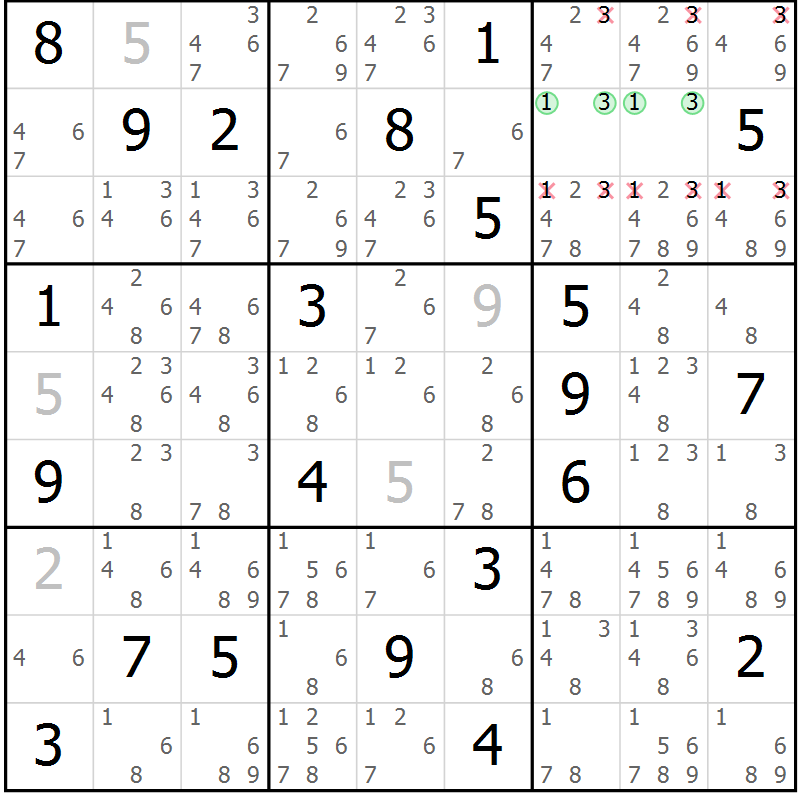 Position des candidats pour la solution de la Gr 17 page 20 du magazine de sudoku Virtuose n° 114