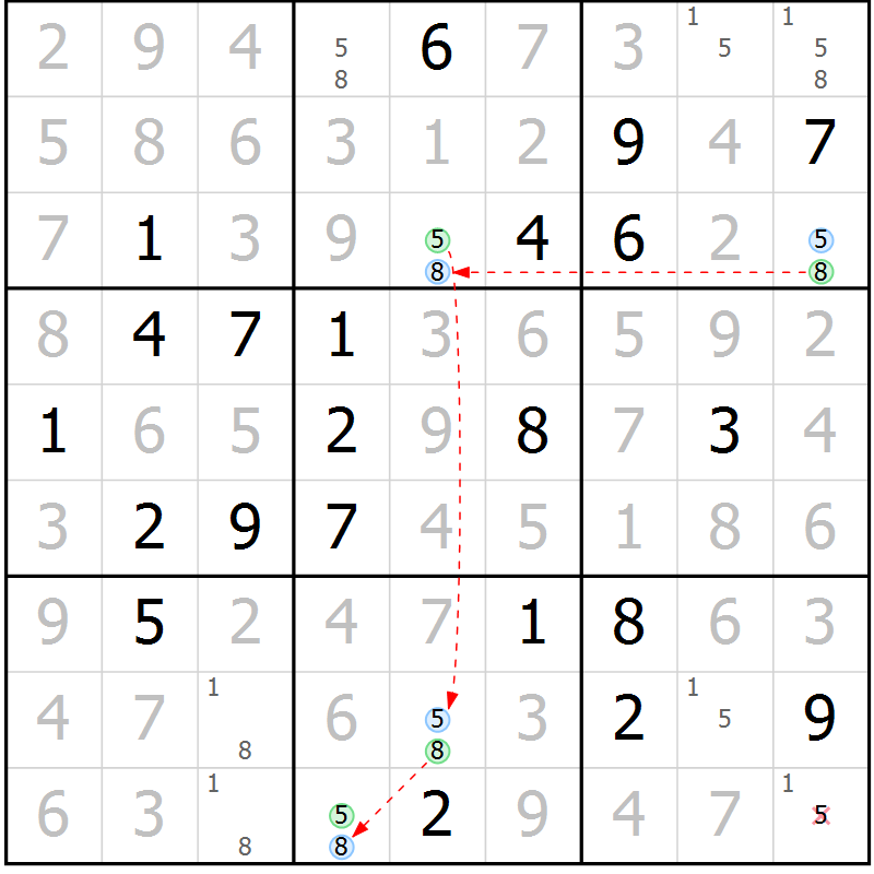 Position des candidats pour la solution de la Gr 18 page 21 du magazine de sudoku Virtuose n° 114