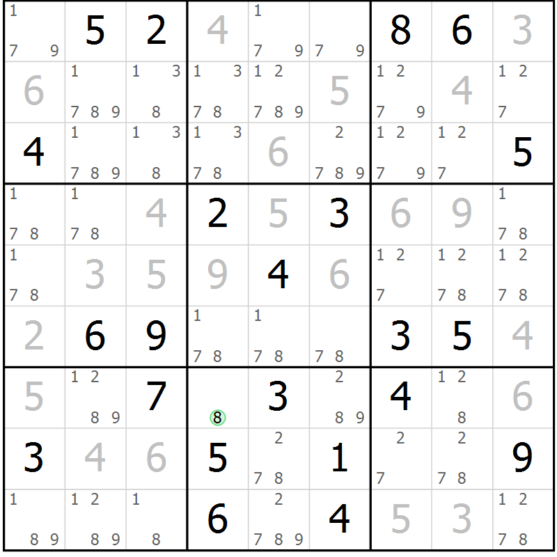 Position des candidats pour la solution de la Gr 2 page 5 du magazine de sudoku Virtuose n° 114