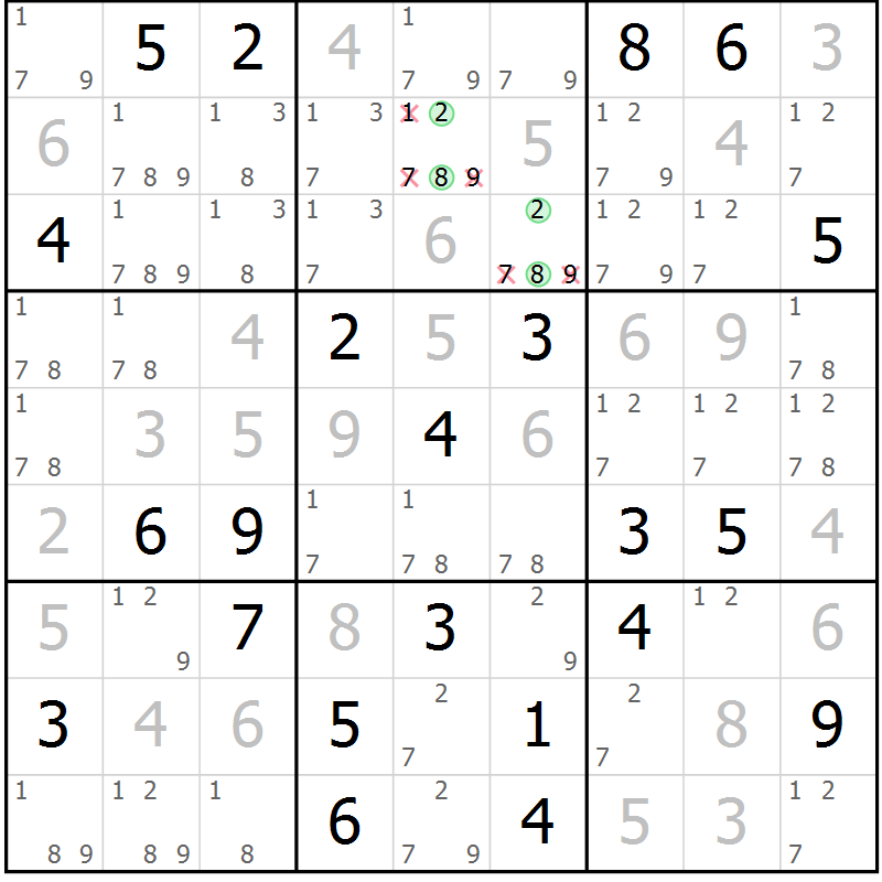 Position des candidats pour la solution de la Gr 2 page 5 du magazine de sudoku Virtuose n° 114