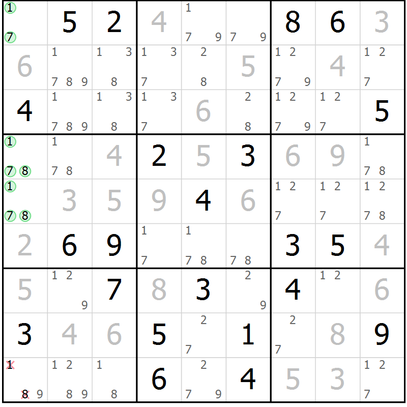 Position des candidats pour la solution de la Gr 2 page 5 du magazine de sudoku Virtuose n° 114