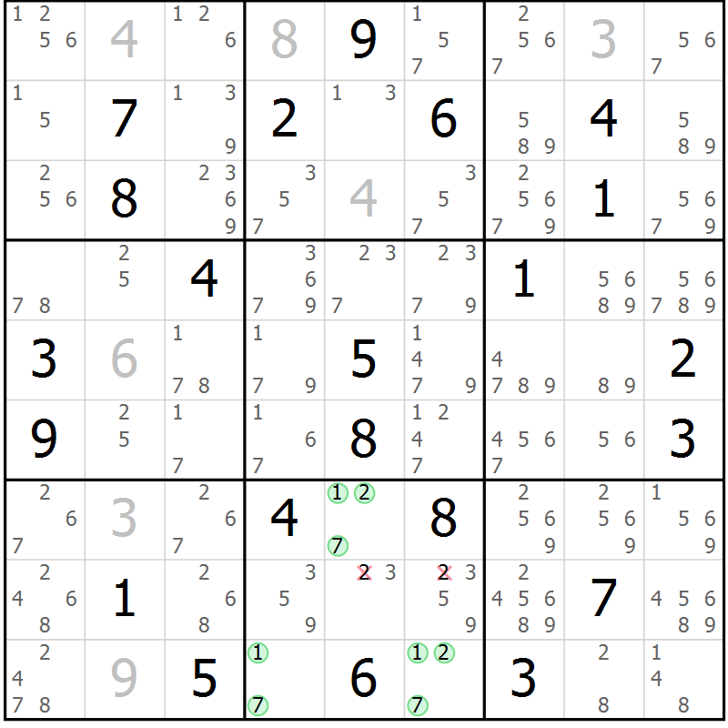Position des candidats pour la solution de la Gr 20 page 23 du magazine de sudoku Virtuose n° 114