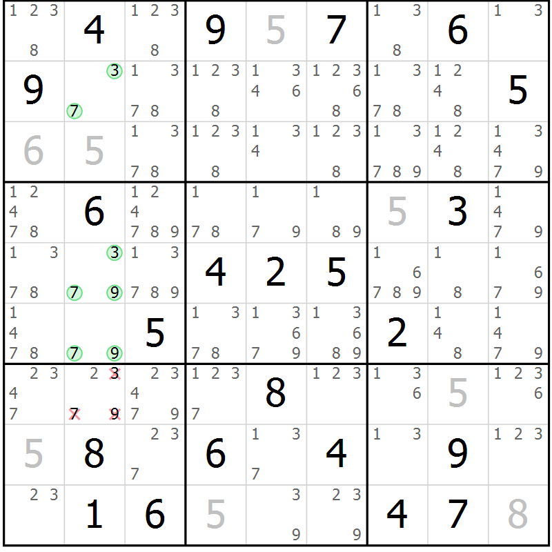 Position des candidats pour la solution de la Gr 21 page 24 du magazine de sudoku Virtuose n° 114