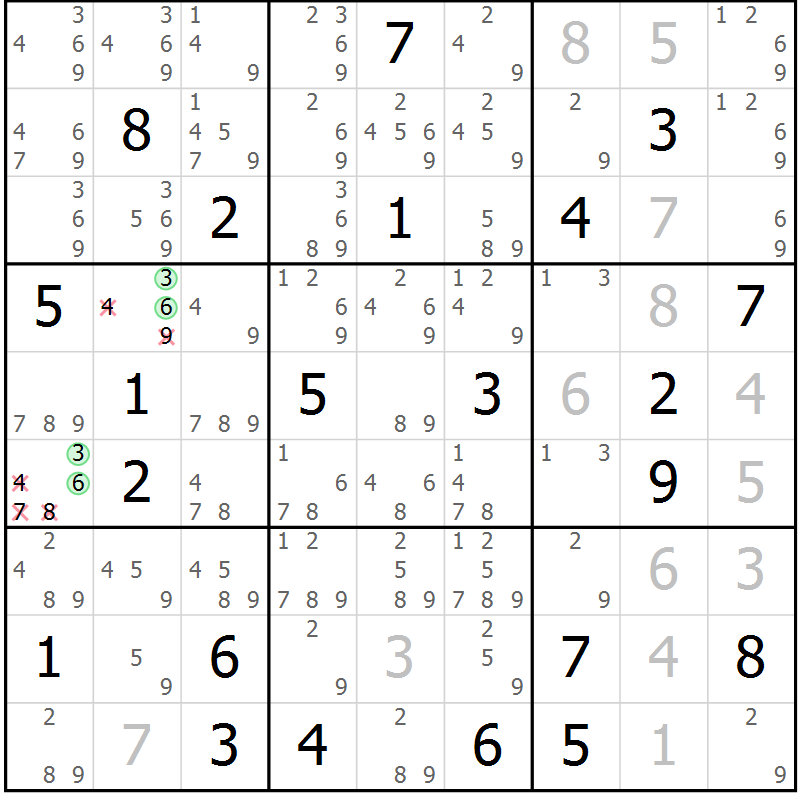 Position des candidats pour la solution de la Gr 22 page 25 du magazine de sudoku Virtuose n° 114