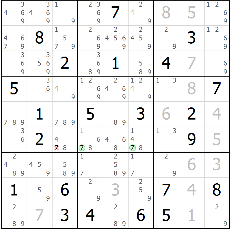 Position des candidats pour la solution de la Gr 22 page 25 du magazine de sudoku Virtuose n° 114