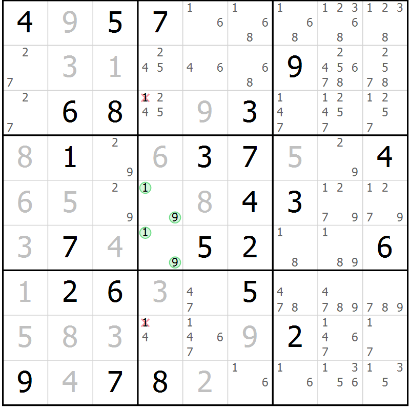 Position des candidats pour la solution de la Gr 23 page 26 du magazine de sudoku Virtuose n° 114