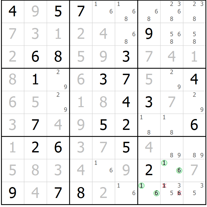 Position des candidats pour la solution de la Gr 23 page 26 du magazine de sudoku Virtuose n° 114