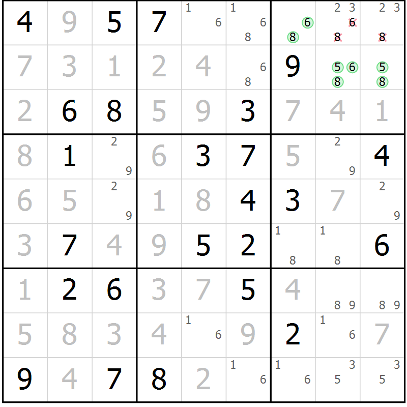 Position des candidats pour la solution de la Gr 23 page 26 du magazine de sudoku Virtuose n° 114