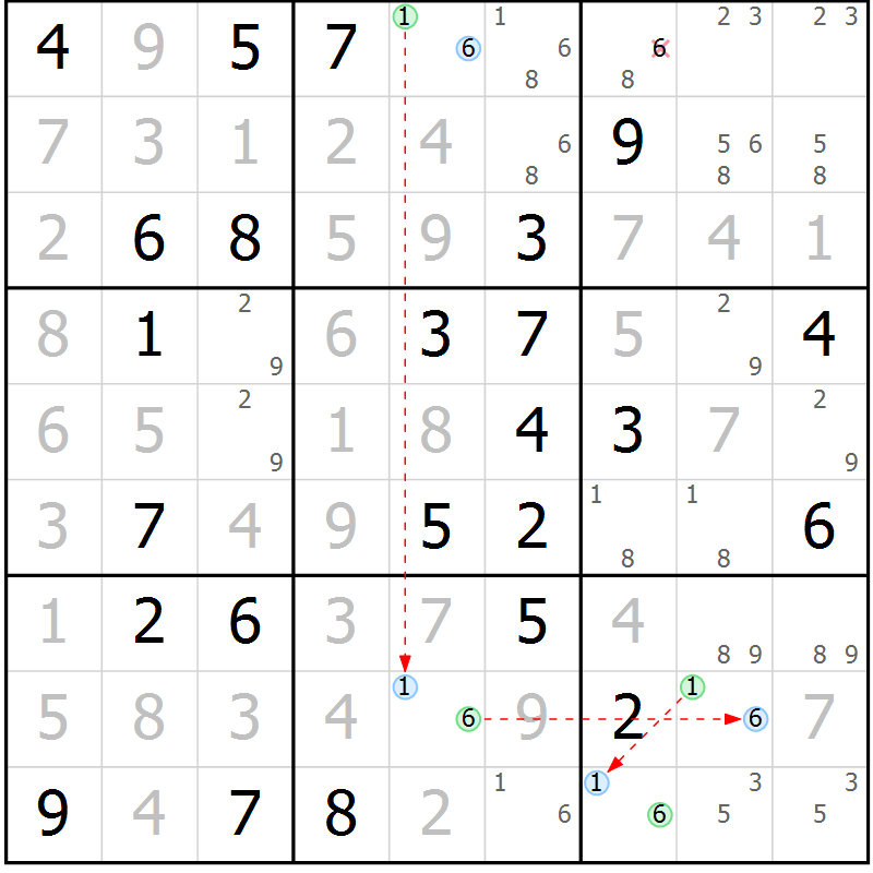 Position des candidats pour la solution de la Gr 23 page 26 du magazine de sudoku Virtuose n° 114