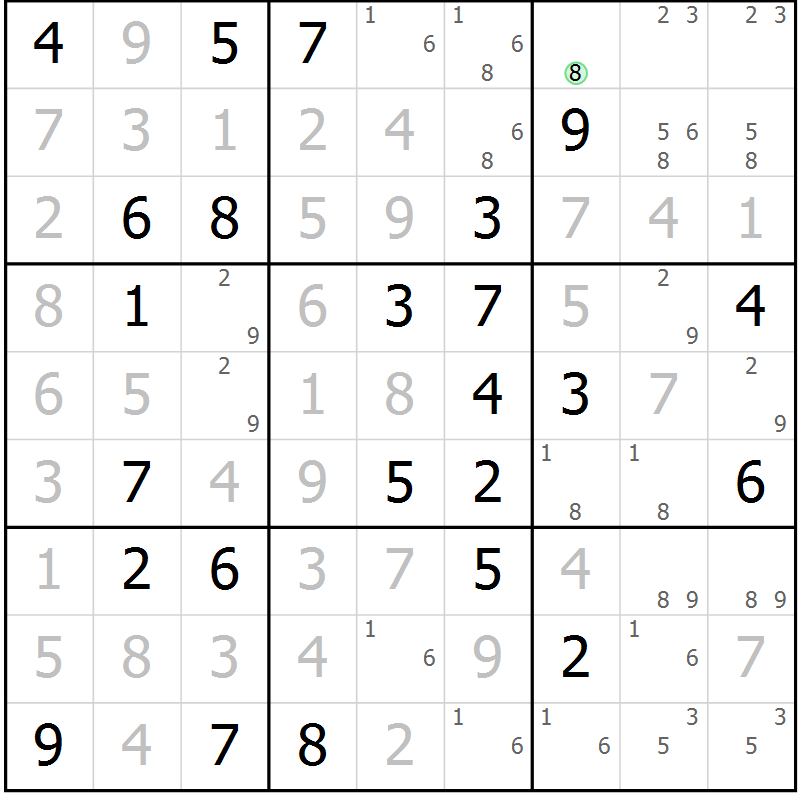 Position des candidats pour la solution de la Gr 23 page 26 du magazine de sudoku Virtuose n° 114