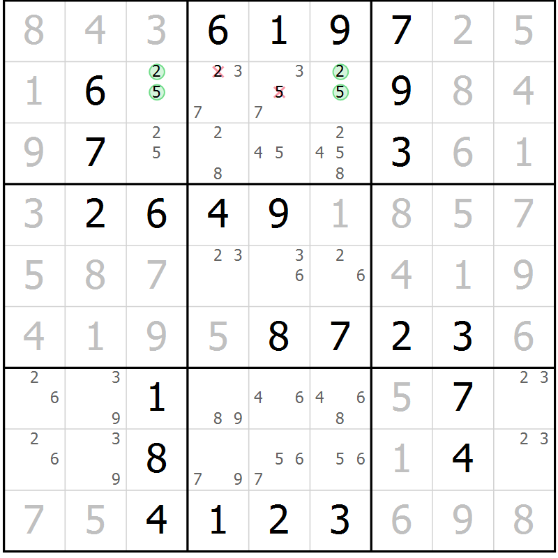 Position des candidats pour la solution de la Gr 25 page 28 du magazine de sudoku Virtuose n° 114